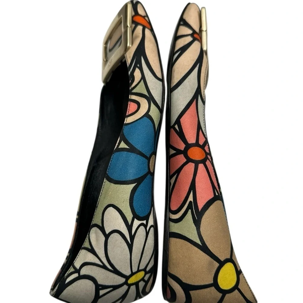 Roger Vivier Floral Multicolor Flats with Gold Buckle, size 7.5